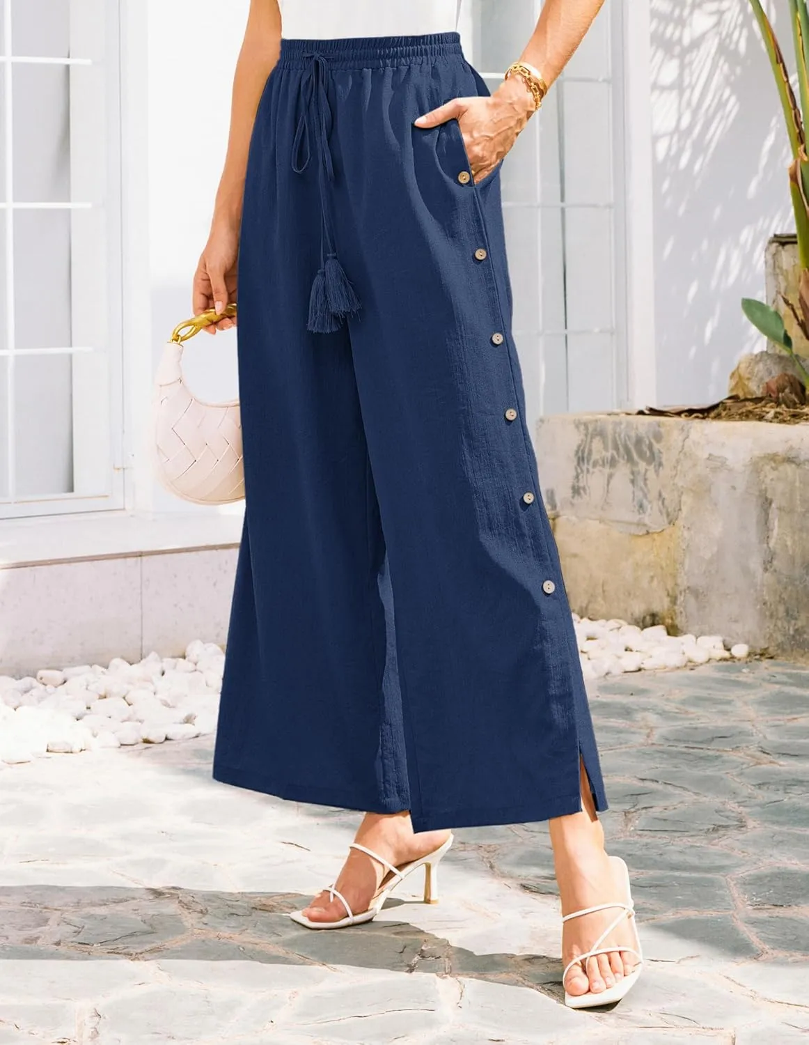 GRACE KARIN Women's Summer Wide Leg Pants High Waisted Palazzo Pants Caual Flowy Beach Trousers with Pockets