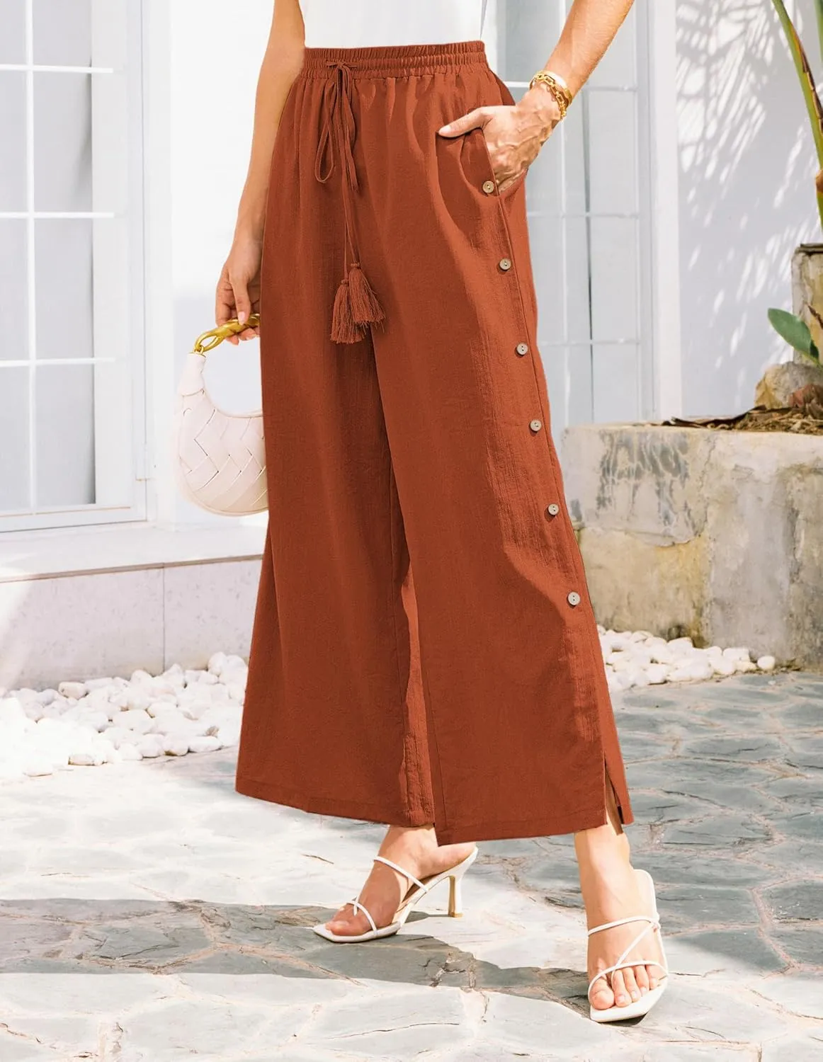 GRACE KARIN Women's Summer Wide Leg Pants High Waisted Palazzo Pants Caual Flowy Beach Trousers with Pockets