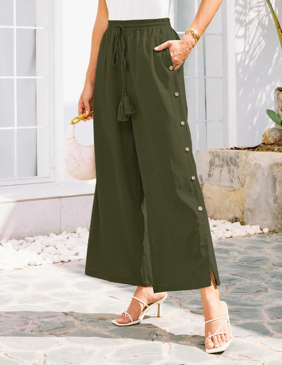 GRACE KARIN Women's Summer Wide Leg Pants High Waisted Palazzo Pants Caual Flowy Beach Trousers with Pockets