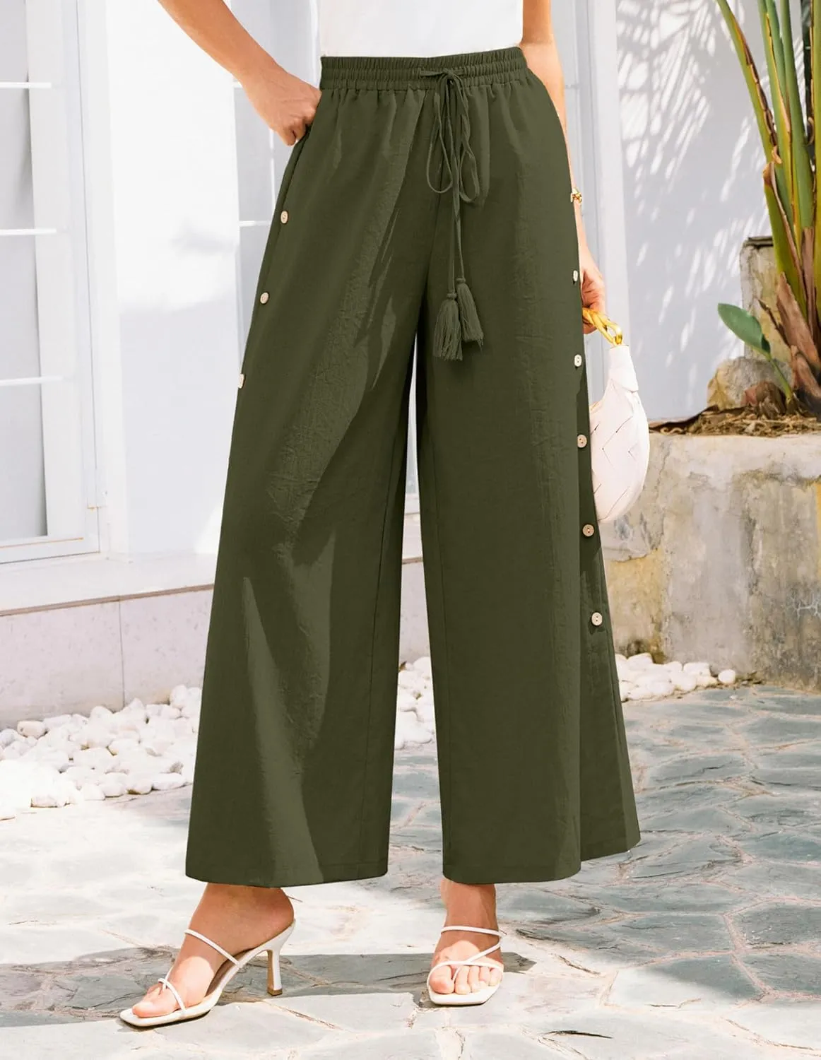 GRACE KARIN Women's Summer Wide Leg Pants High Waisted Palazzo Pants Caual Flowy Beach Trousers with Pockets