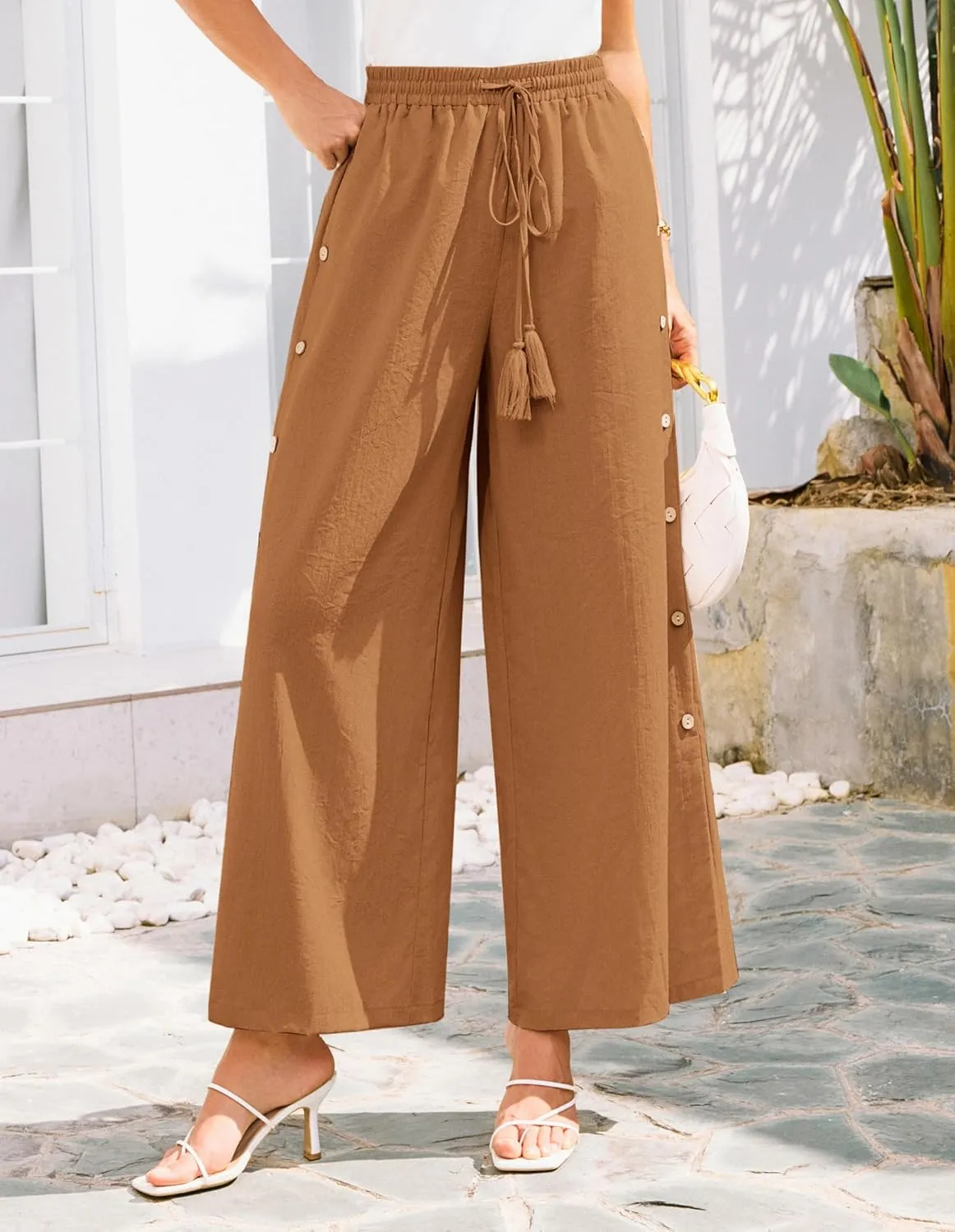 GRACE KARIN Women's Summer Wide Leg Pants High Waisted Palazzo Pants Caual Flowy Beach Trousers with Pockets
