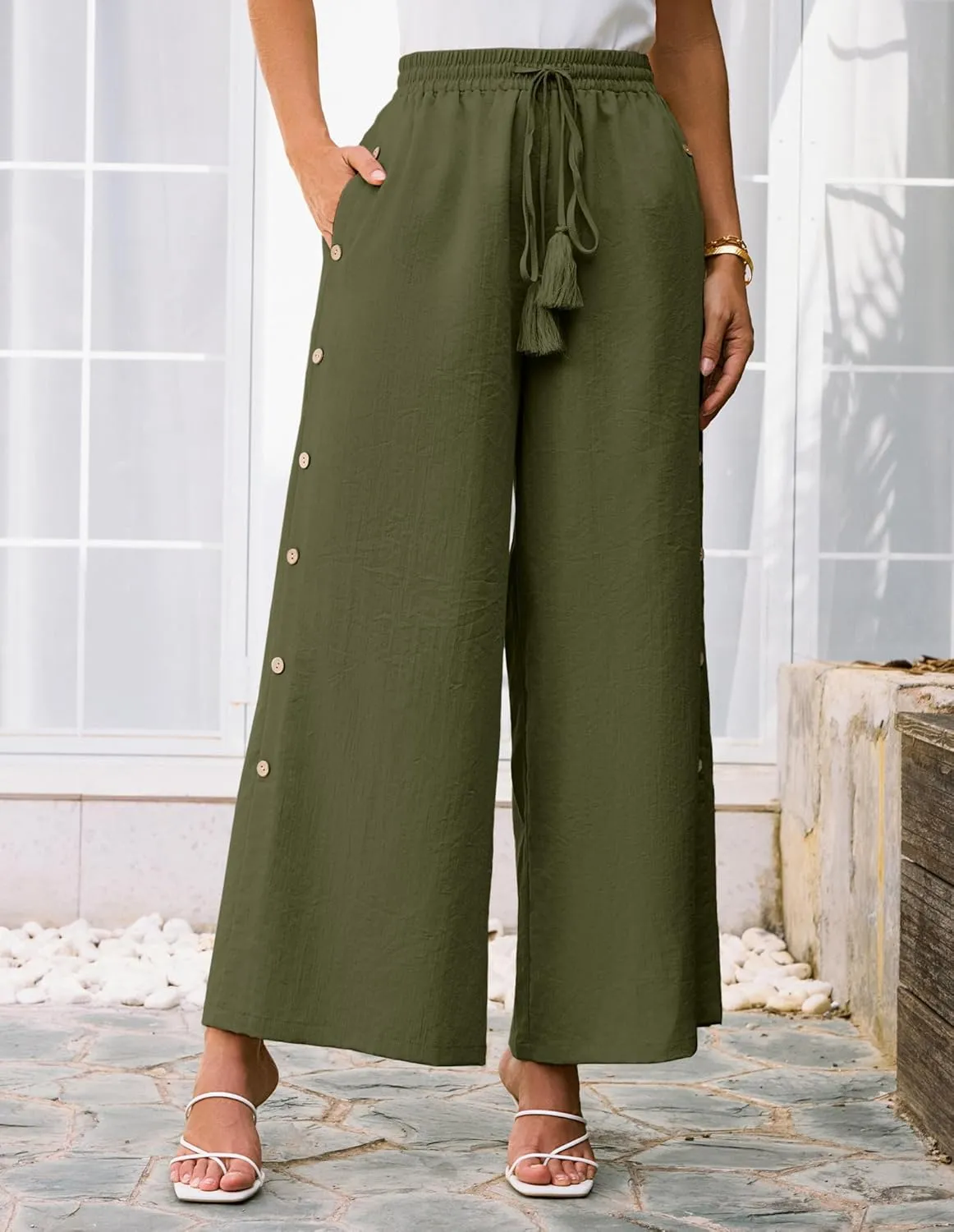 GRACE KARIN Women's Summer Wide Leg Pants High Waisted Palazzo Pants Caual Flowy Beach Trousers with Pockets