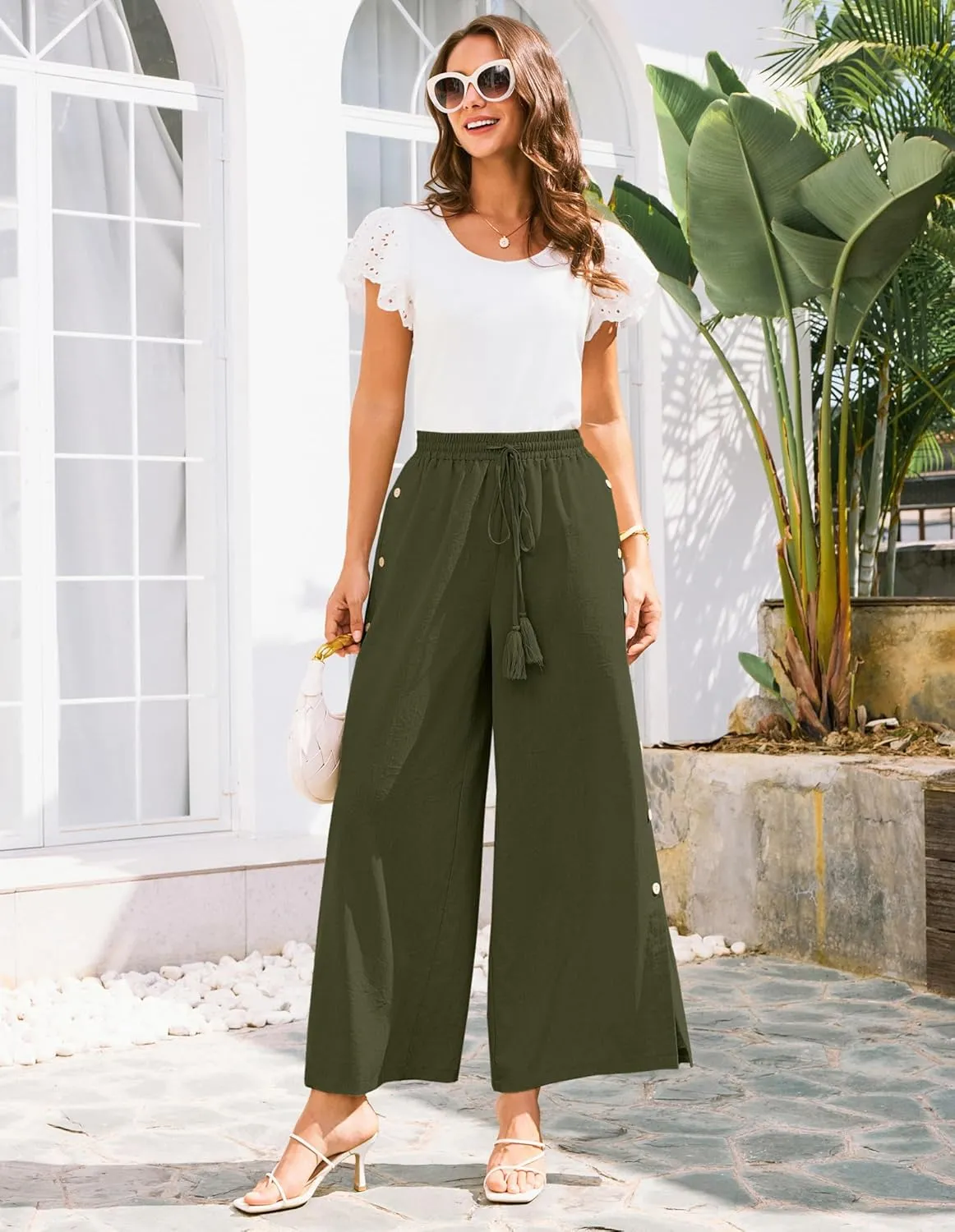 GRACE KARIN Women's Summer Wide Leg Pants High Waisted Palazzo Pants Caual Flowy Beach Trousers with Pockets