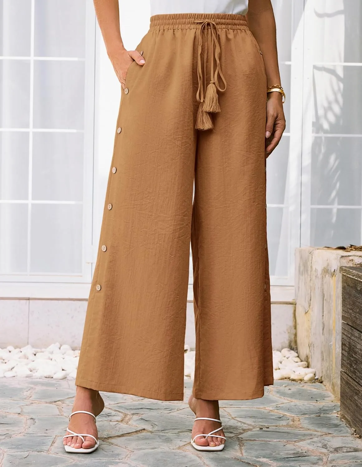 GRACE KARIN Women's Summer Wide Leg Pants High Waisted Palazzo Pants Caual Flowy Beach Trousers with Pockets