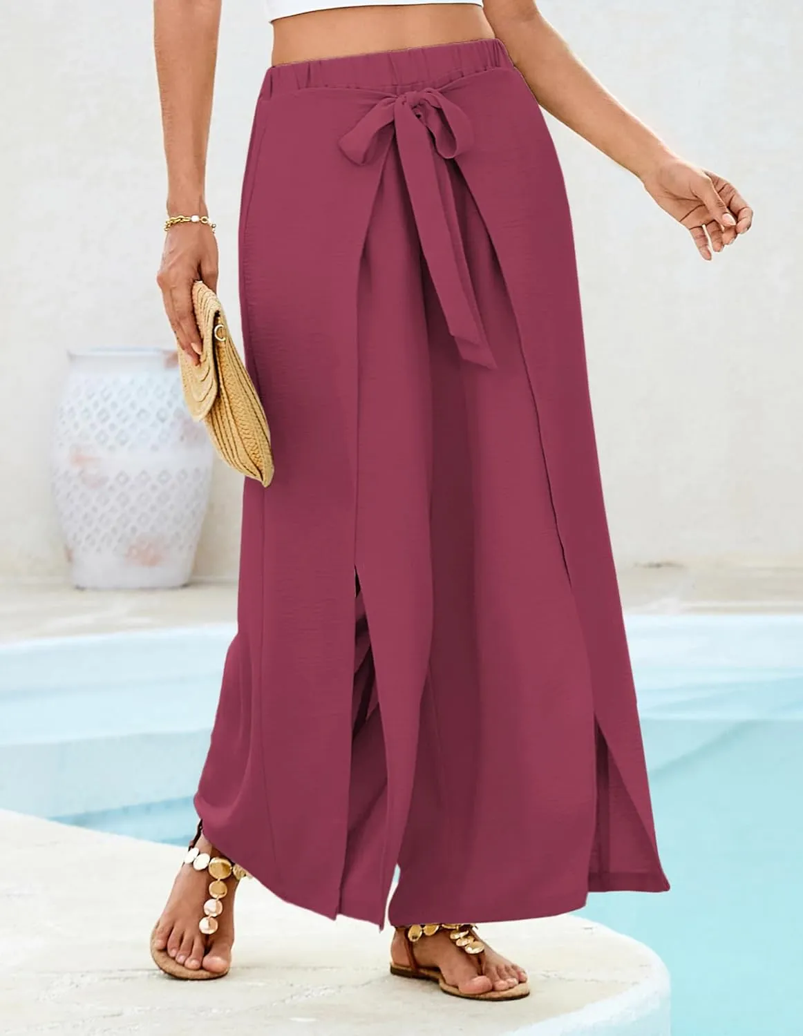 GRACE KARIN Women's Wide Leg Pants High Waisted Palazzo Beach Pants Tie Knot Summer Caual Split Flowy Trousers with Pockets