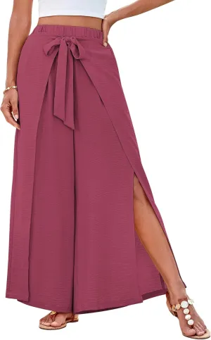 GRACE KARIN Women's Wide Leg Pants High Waisted Palazzo Beach Pants Tie Knot Summer Caual Split Flowy Trousers with Pockets
