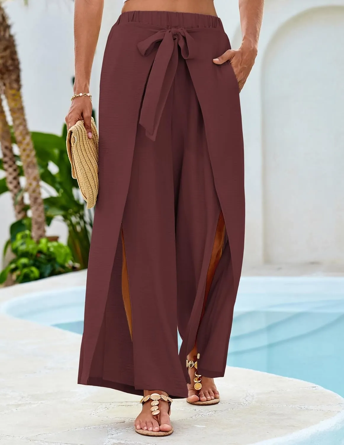 GRACE KARIN Women's Wide Leg Pants High Waisted Palazzo Beach Pants Tie Knot Summer Caual Split Flowy Trousers with Pockets