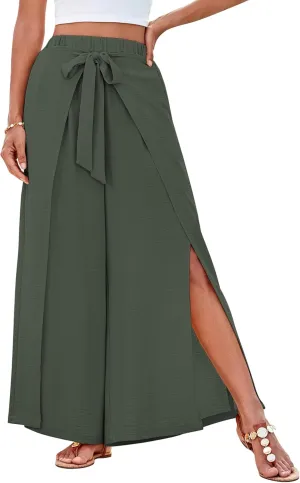 GRACE KARIN Women's Wide Leg Pants High Waisted Palazzo Beach Pants Tie Knot Summer Caual Split Flowy Trousers with Pockets