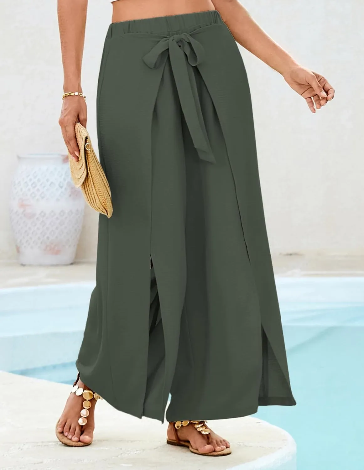 GRACE KARIN Women's Wide Leg Pants High Waisted Palazzo Beach Pants Tie Knot Summer Caual Split Flowy Trousers with Pockets