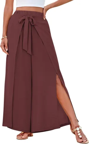 GRACE KARIN Women's Wide Leg Pants High Waisted Palazzo Beach Pants Tie Knot Summer Caual Split Flowy Trousers with Pockets