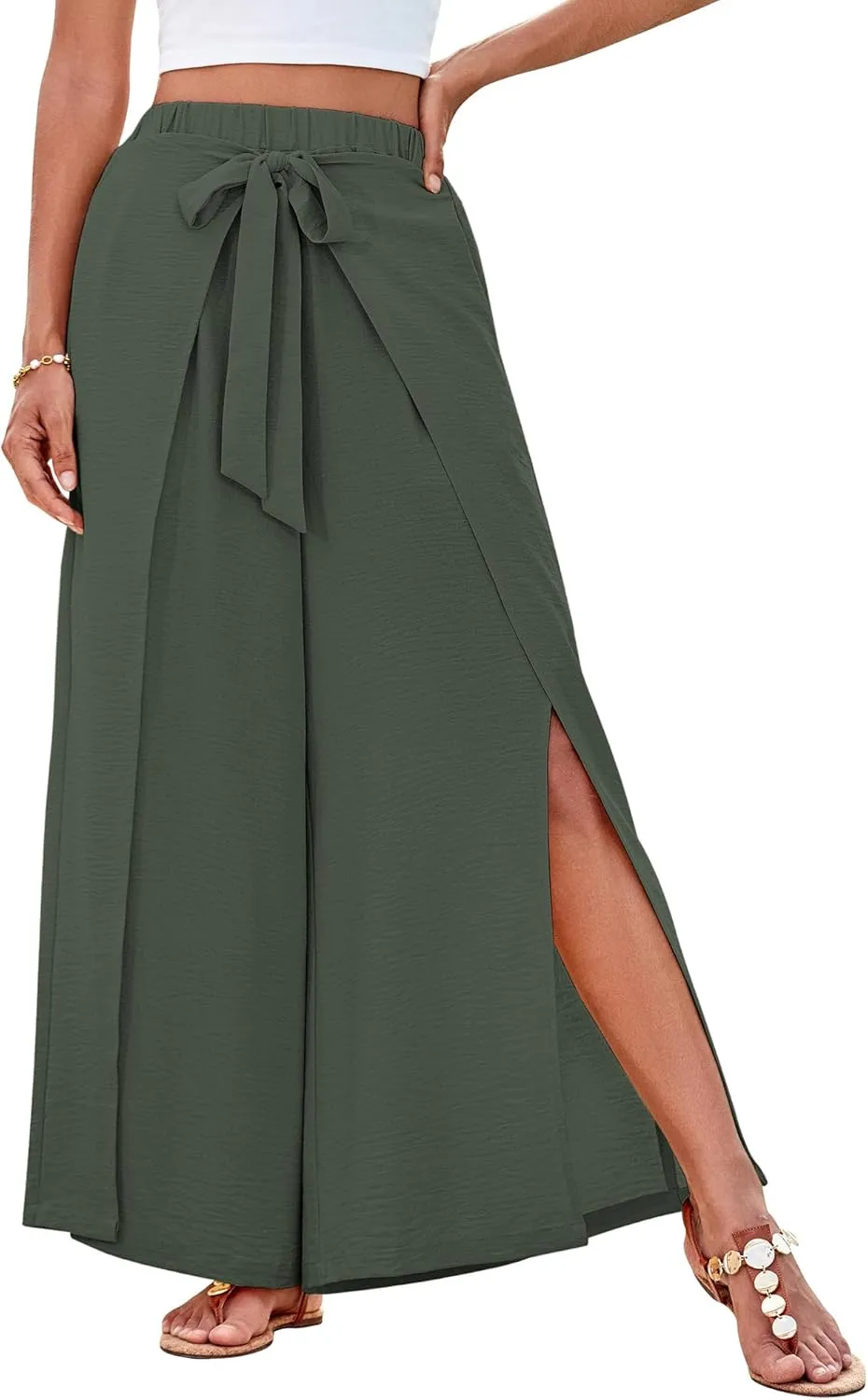 GRACE KARIN Women's Wide Leg Pants High Waisted Palazzo Beach Pants Tie Knot Summer Caual Split Flowy Trousers with Pockets