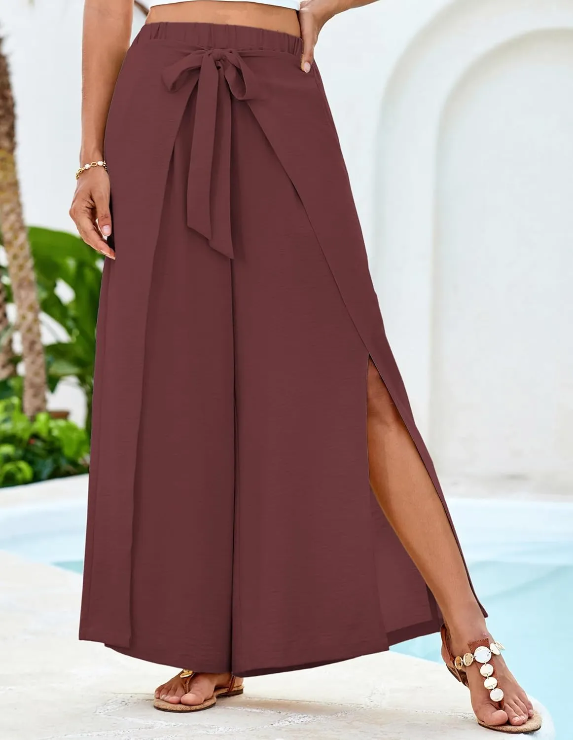 GRACE KARIN Women's Wide Leg Pants High Waisted Palazzo Beach Pants Tie Knot Summer Caual Split Flowy Trousers with Pockets