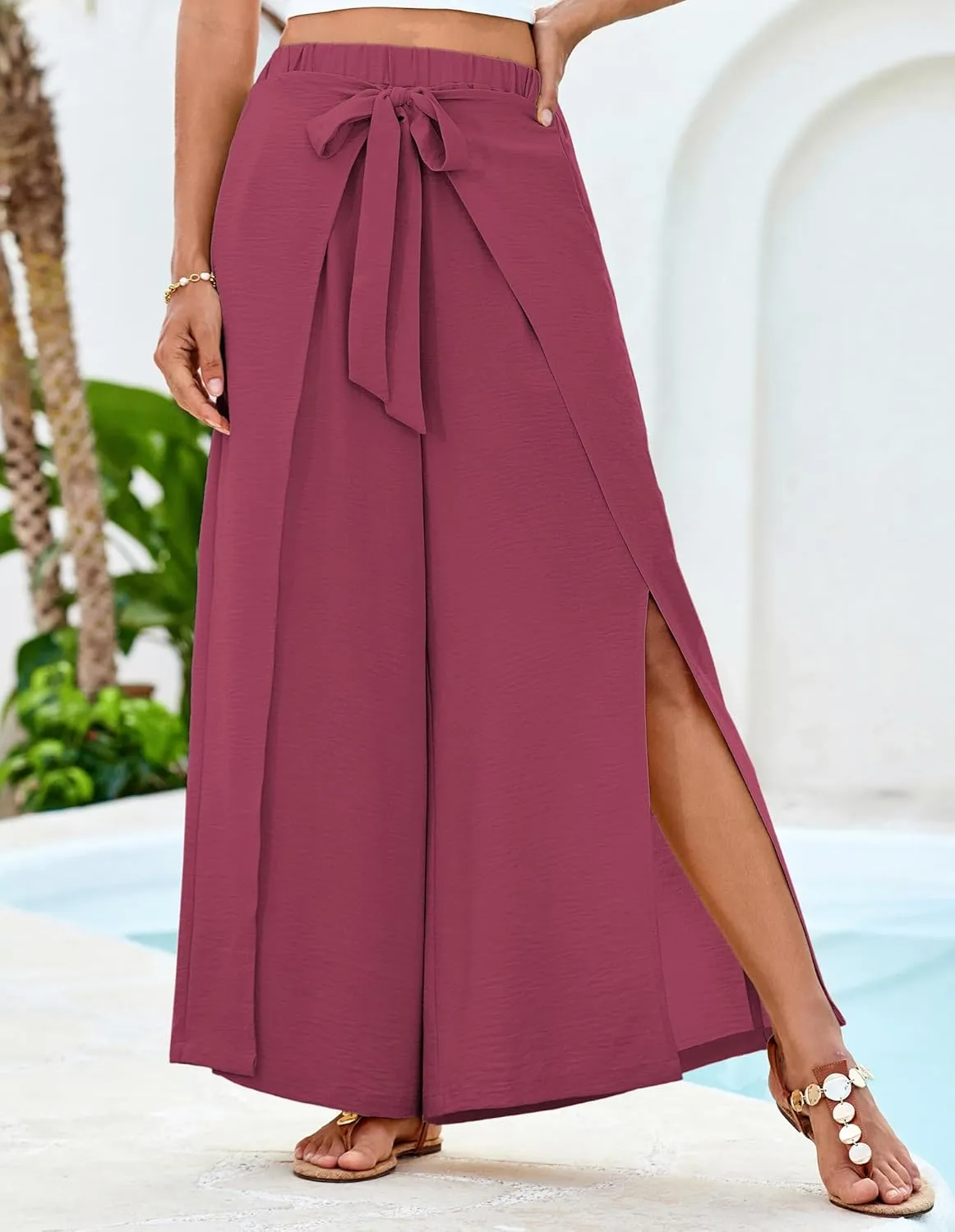 GRACE KARIN Women's Wide Leg Pants High Waisted Palazzo Beach Pants Tie Knot Summer Caual Split Flowy Trousers with Pockets