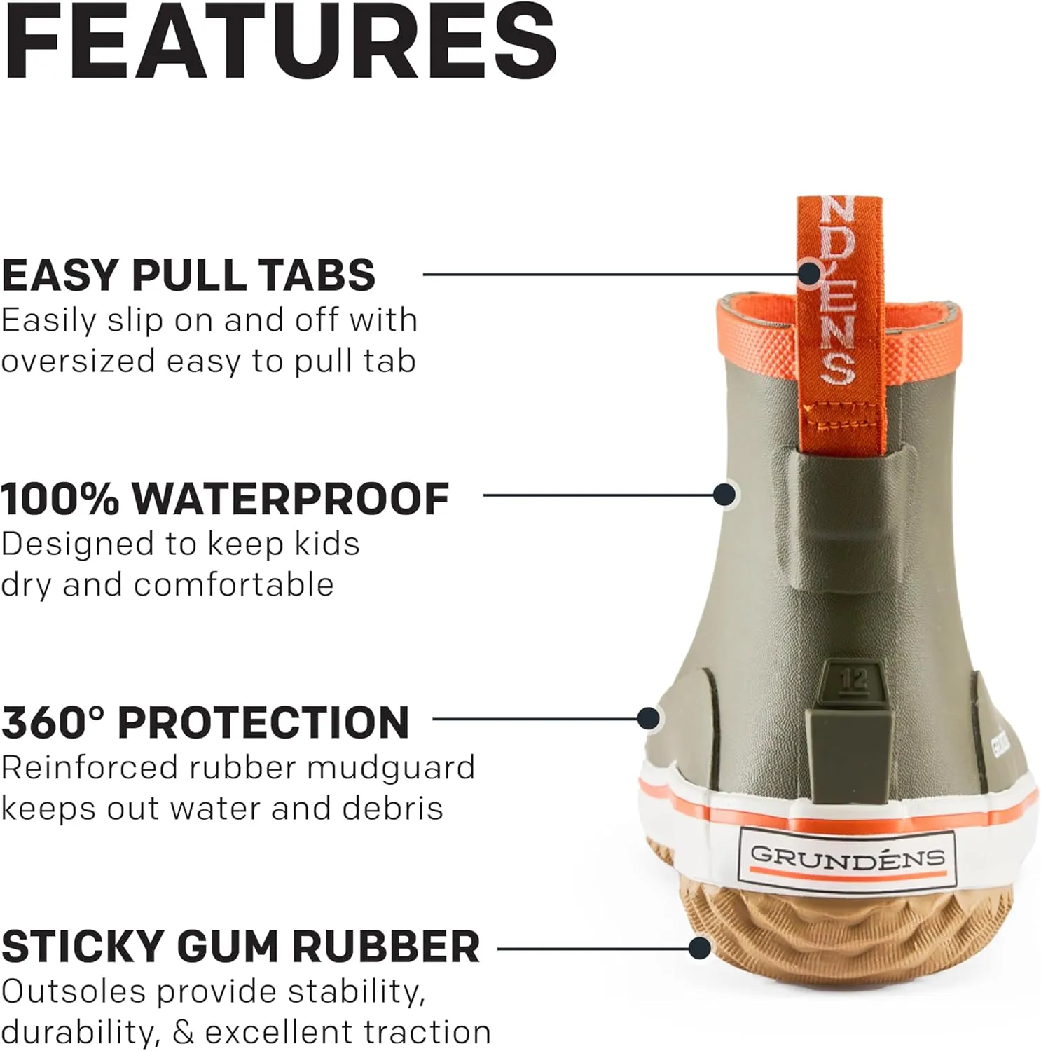 Grundéns Kid's Guppy Rain Boots - Lightweight Rubber Waterproof Kids and Toddlers Shoes, Easy-On Loop, Girls Rain Boots and Boys Rain Boots