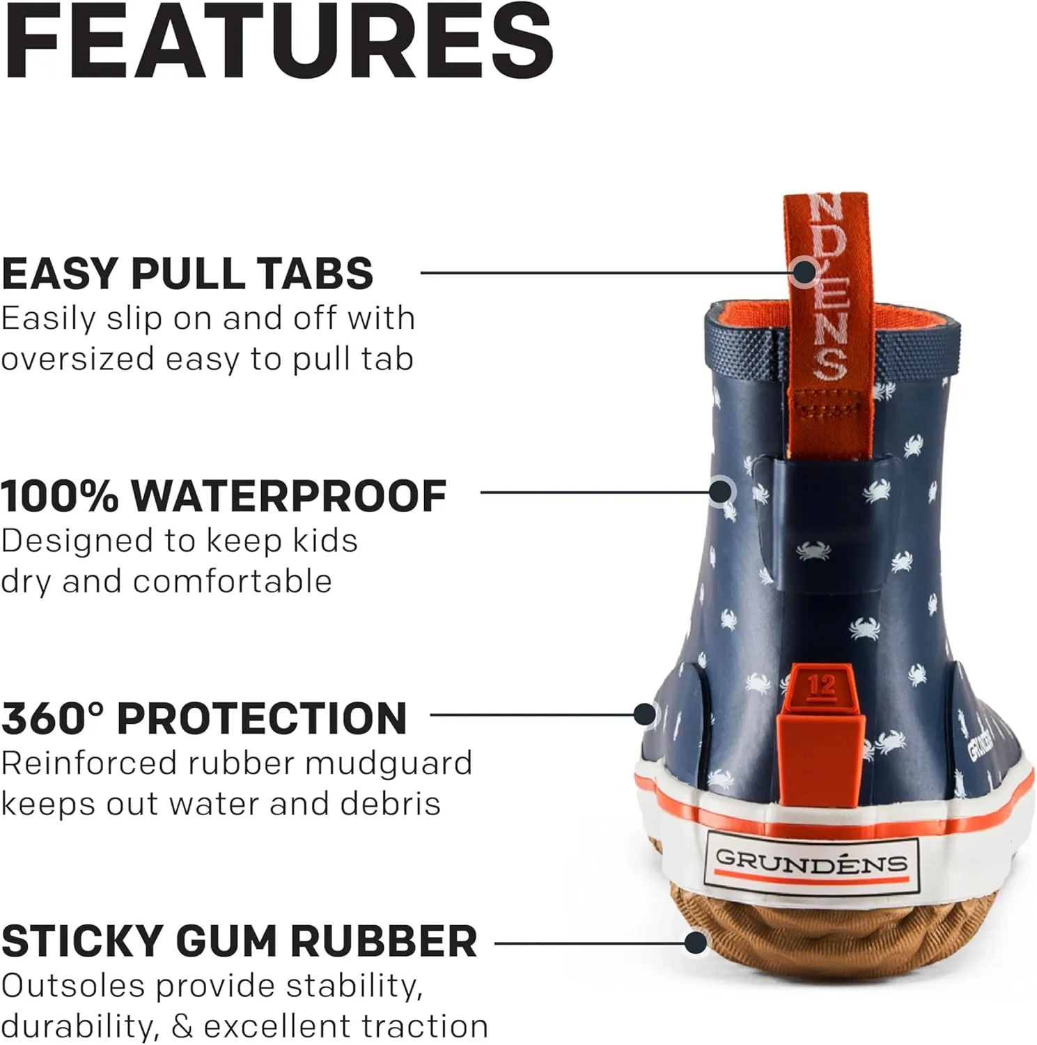 Grundéns Kid's Guppy Rain Boots - Lightweight Rubber Waterproof Kids and Toddlers Shoes, Easy-On Loop, Girls Rain Boots and Boys Rain Boots