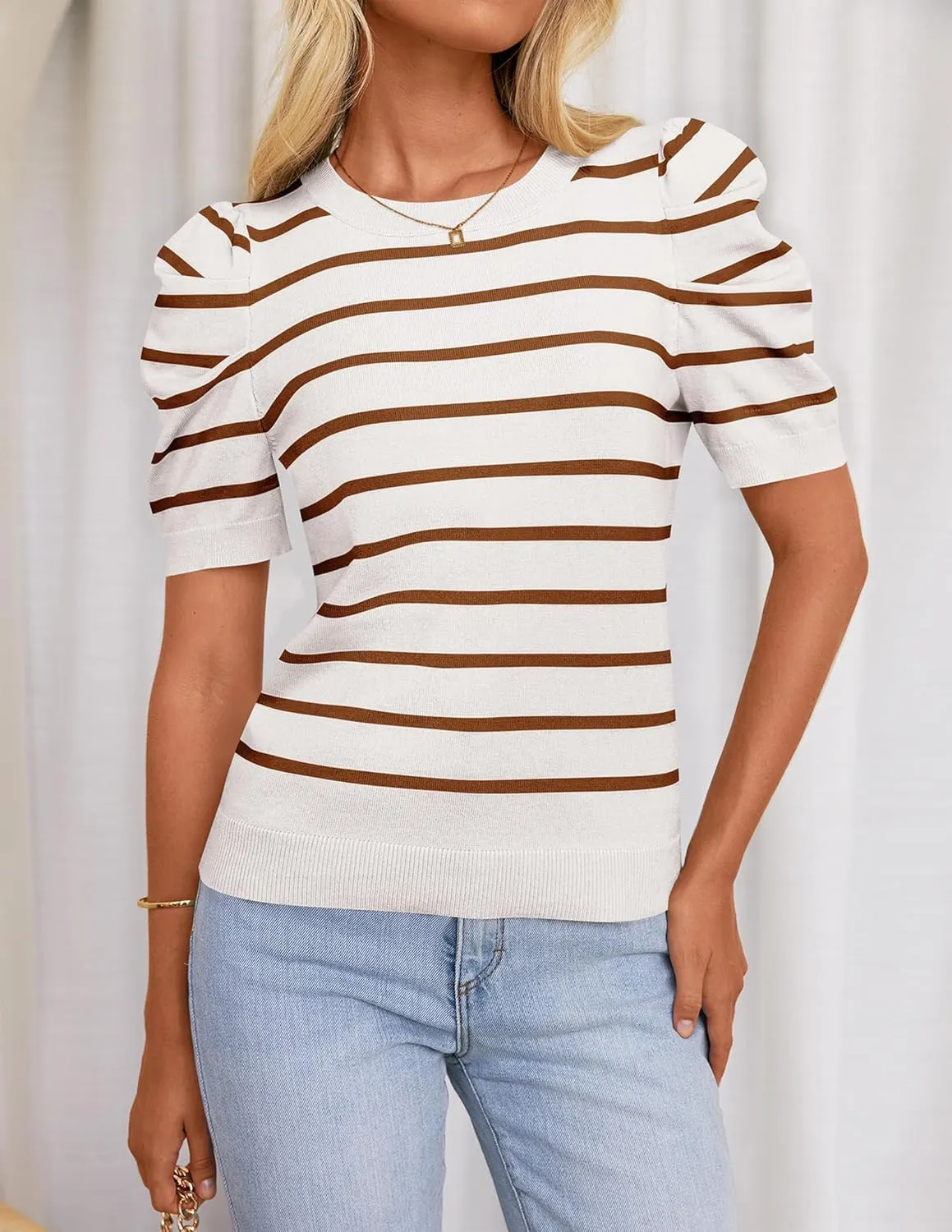 HAEOF Women's 2025 Summer Short Puff Sleeve Knit Tops Trendy Crewneck Striped Shirts Dressy Casual Blouses