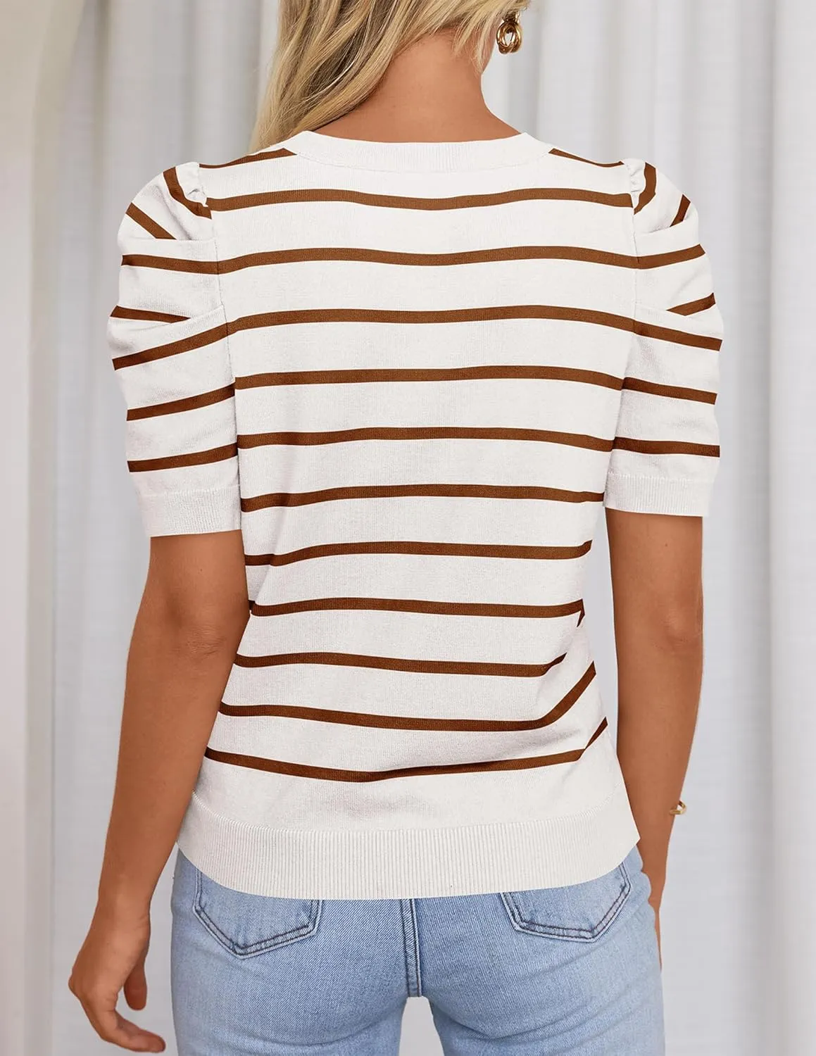HAEOF Women's 2025 Summer Short Puff Sleeve Knit Tops Trendy Crewneck Striped Shirts Dressy Casual Blouses