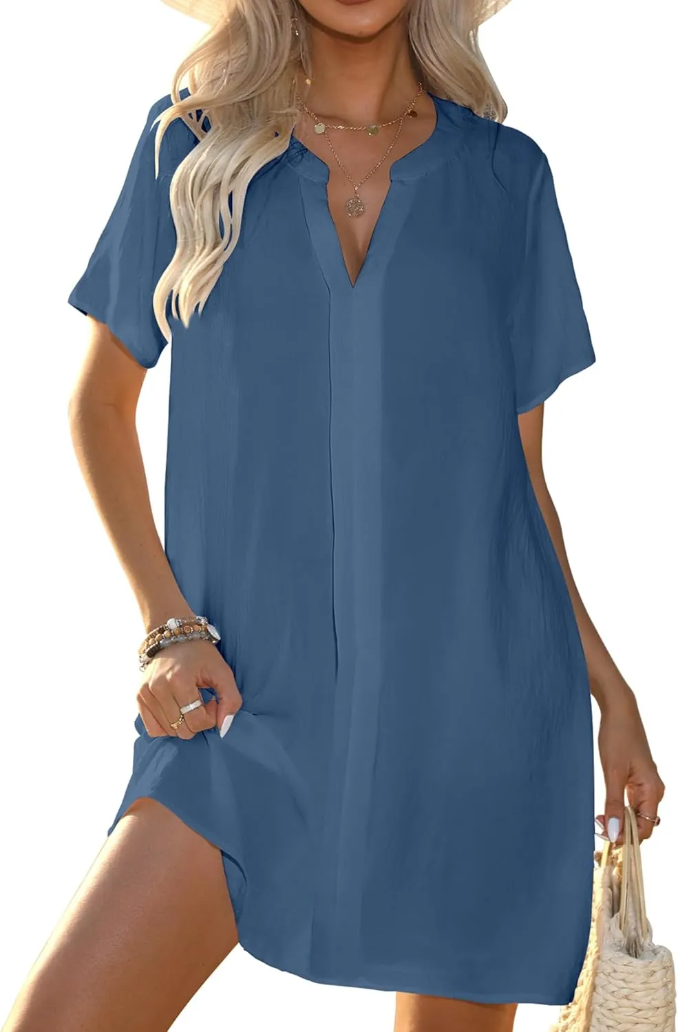 Halife Women's Swimsuit Cover Up Shirt V Neck Short Sleeve Bathing Suit Coverups Summer Beach Cover Ups