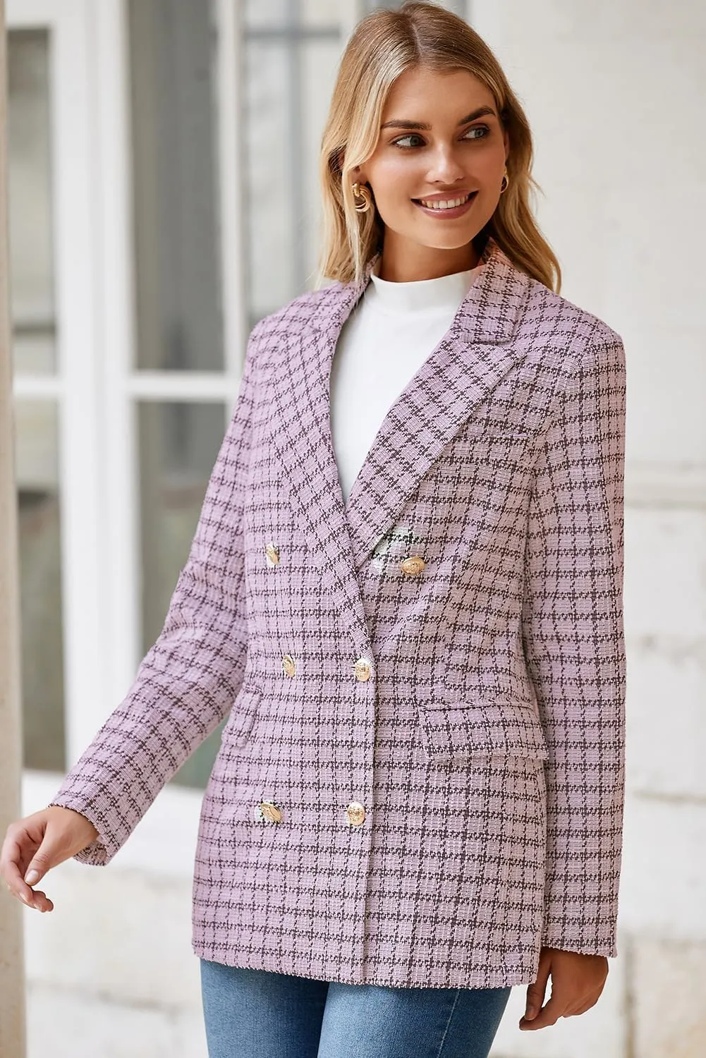 Happy Sailed Womens Plaid Tweed Blazers Dressy Casual Long Sleeve Double Breasted Open Front Blazer Jackets Work Suits