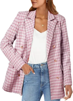 Happy Sailed Womens Plaid Tweed Blazers Dressy Casual Long Sleeve Double Breasted Open Front Blazer Jackets Work Suits