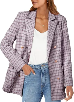 Happy Sailed Womens Plaid Tweed Blazers Dressy Casual Long Sleeve Double Breasted Open Front Blazer Jackets Work Suits