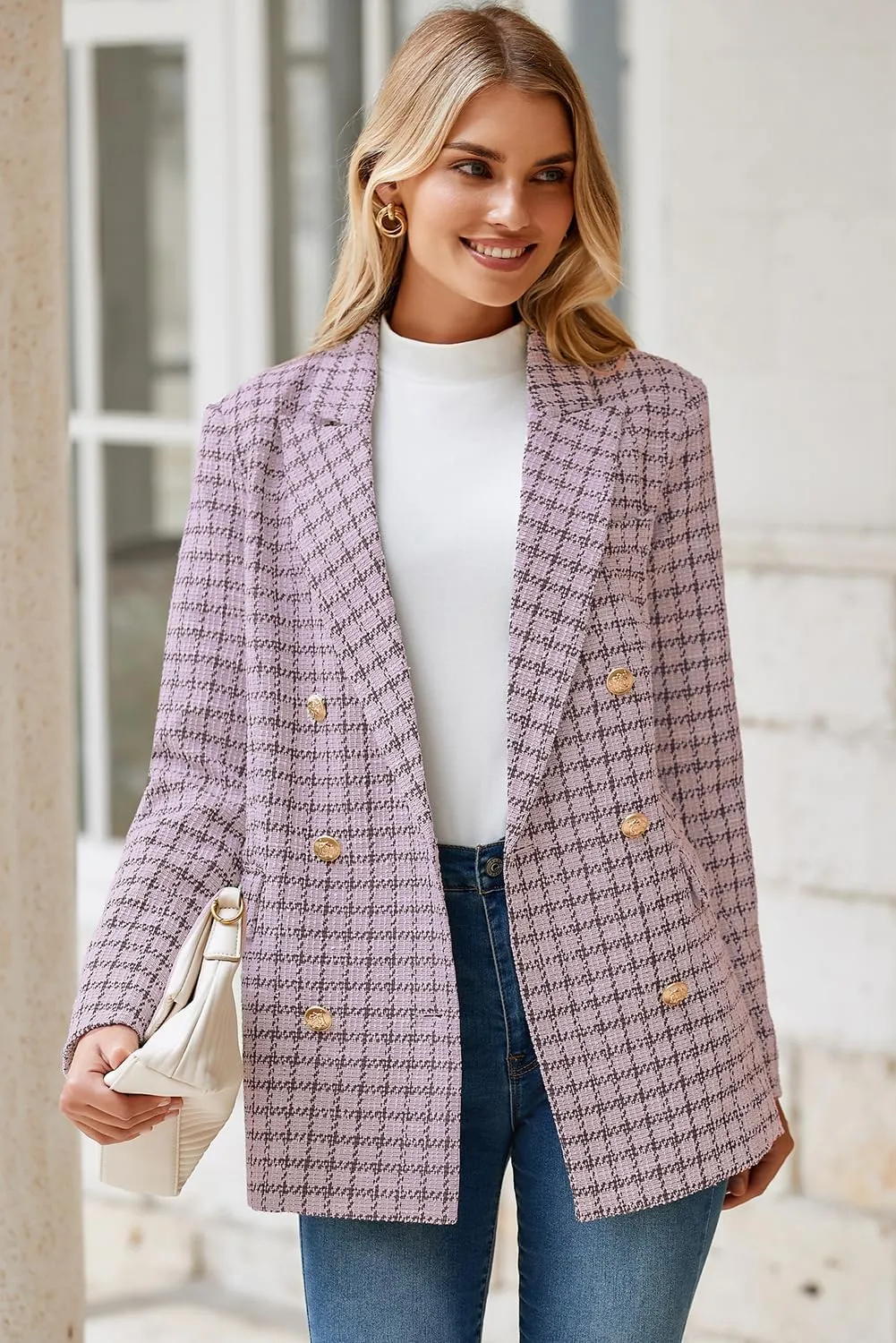 Happy Sailed Womens Plaid Tweed Blazers Dressy Casual Long Sleeve Double Breasted Open Front Blazer Jackets Work Suits