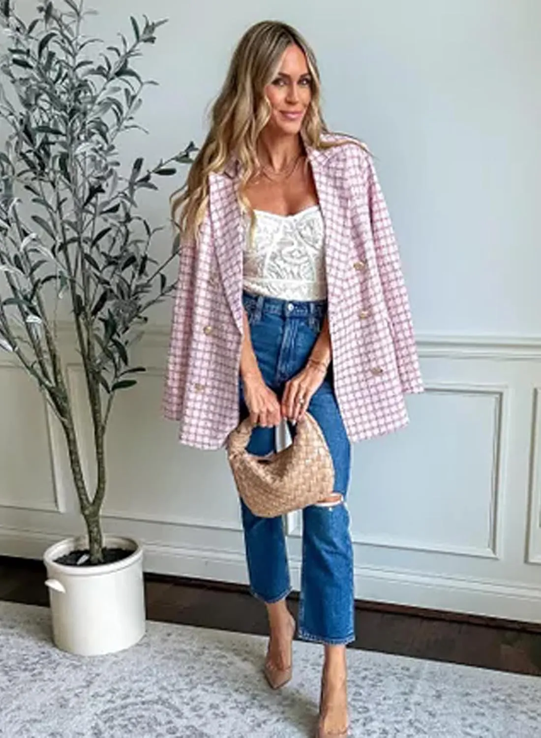 Happy Sailed Womens Plaid Tweed Blazers Dressy Casual Long Sleeve Double Breasted Open Front Blazer Jackets Work Suits