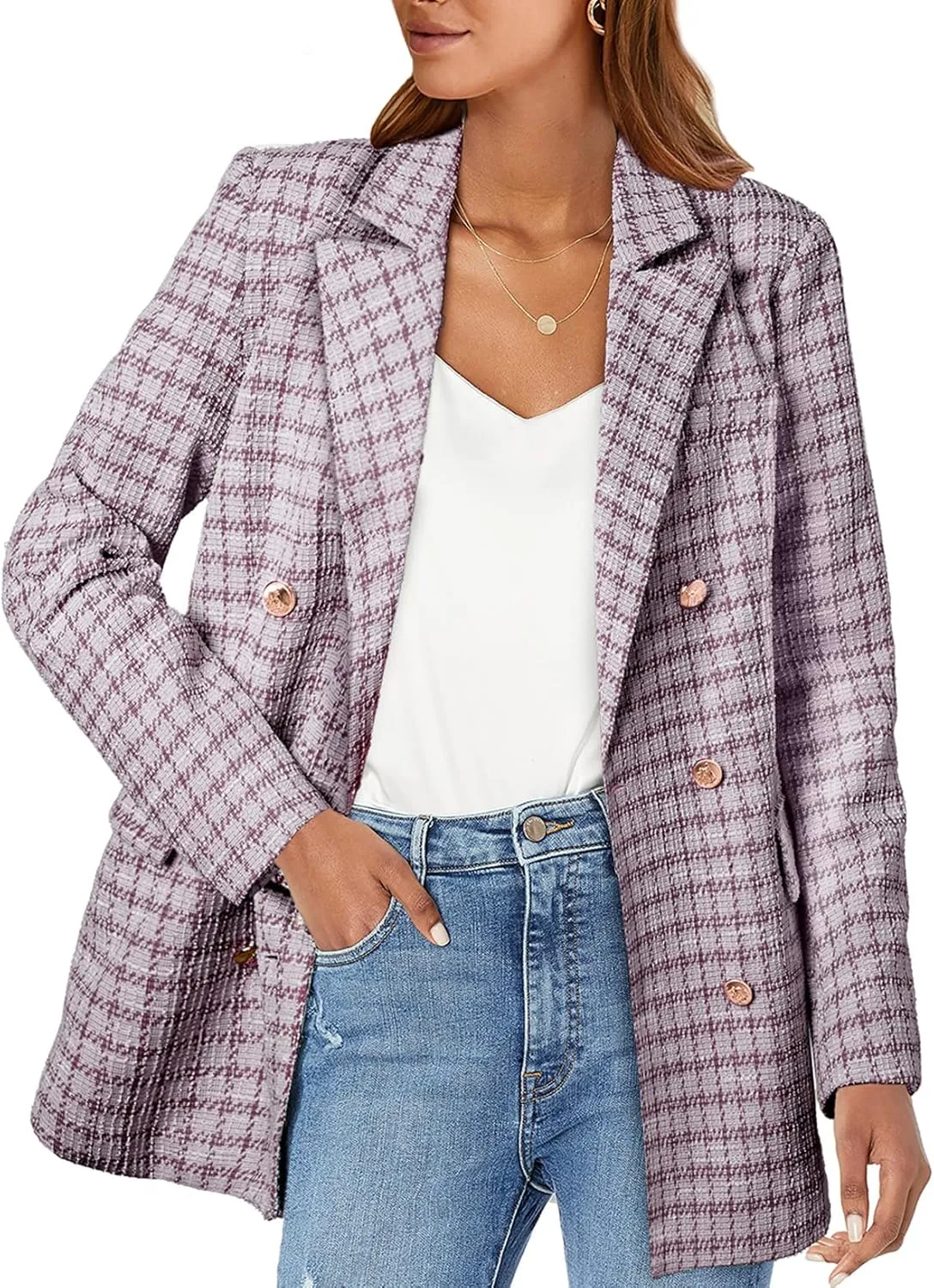 Happy Sailed Womens Plaid Tweed Blazers Dressy Casual Long Sleeve Double Breasted Open Front Blazer Jackets Work Suits