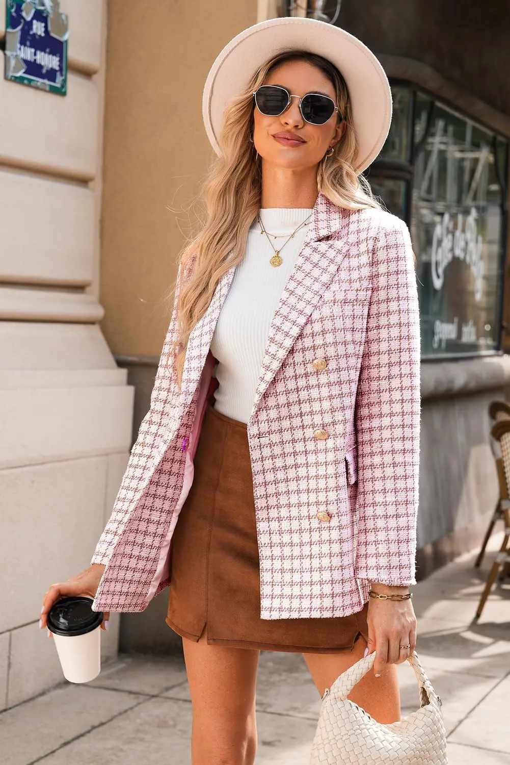 Happy Sailed Womens Plaid Tweed Blazers Dressy Casual Long Sleeve Double Breasted Open Front Blazer Jackets Work Suits