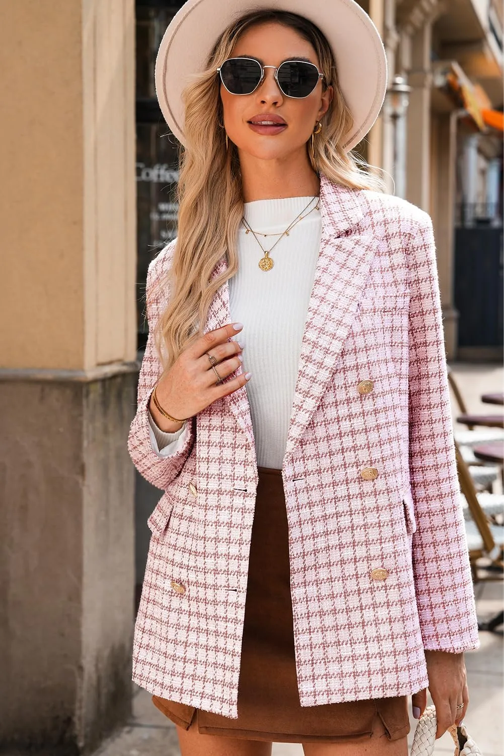 Happy Sailed Womens Plaid Tweed Blazers Dressy Casual Long Sleeve Double Breasted Open Front Blazer Jackets Work Suits