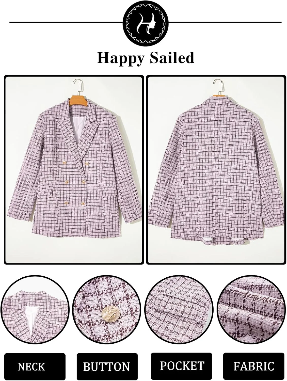Happy Sailed Womens Plaid Tweed Blazers Dressy Casual Long Sleeve Double Breasted Open Front Blazer Jackets Work Suits