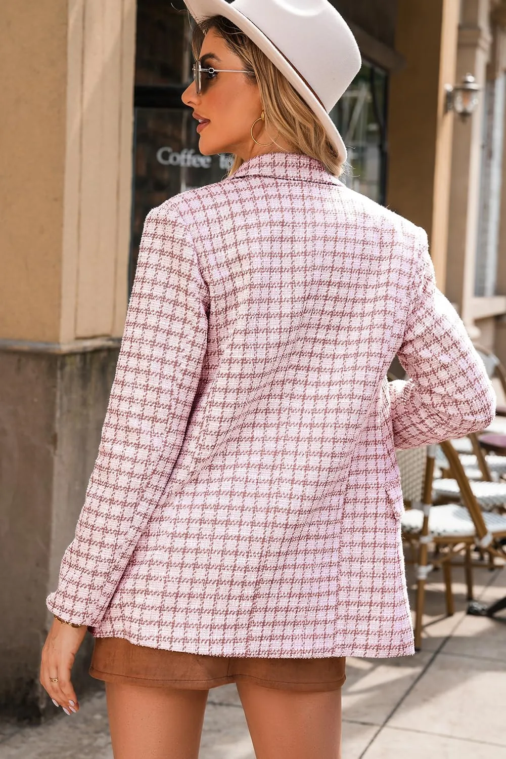 Happy Sailed Womens Plaid Tweed Blazers Dressy Casual Long Sleeve Double Breasted Open Front Blazer Jackets Work Suits