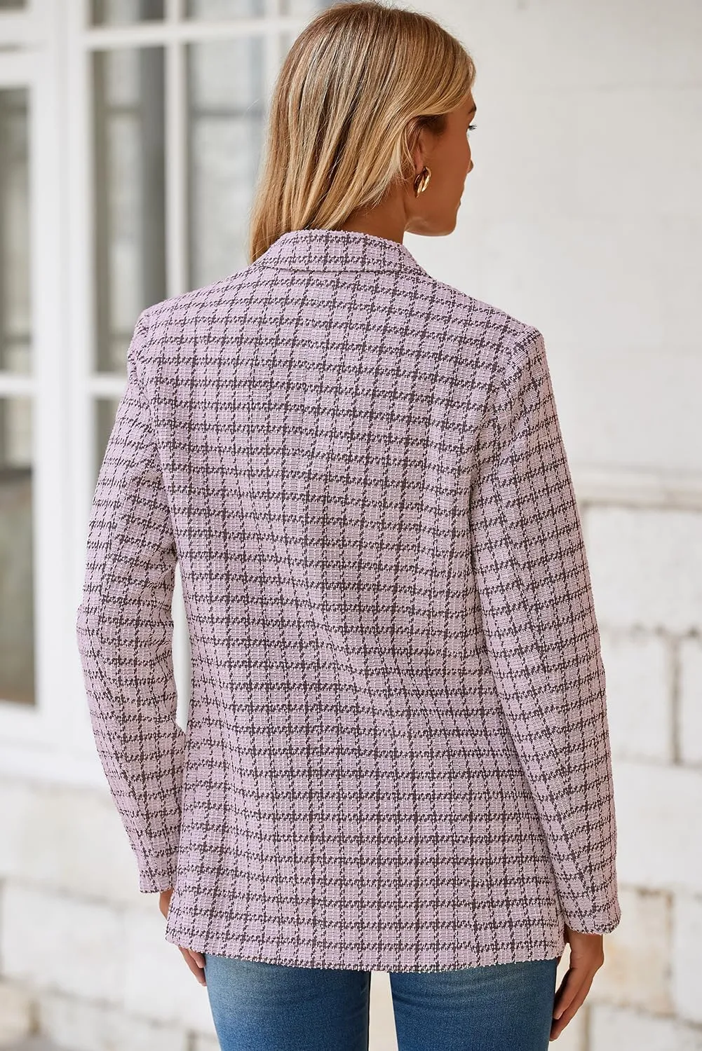 Happy Sailed Womens Plaid Tweed Blazers Dressy Casual Long Sleeve Double Breasted Open Front Blazer Jackets Work Suits