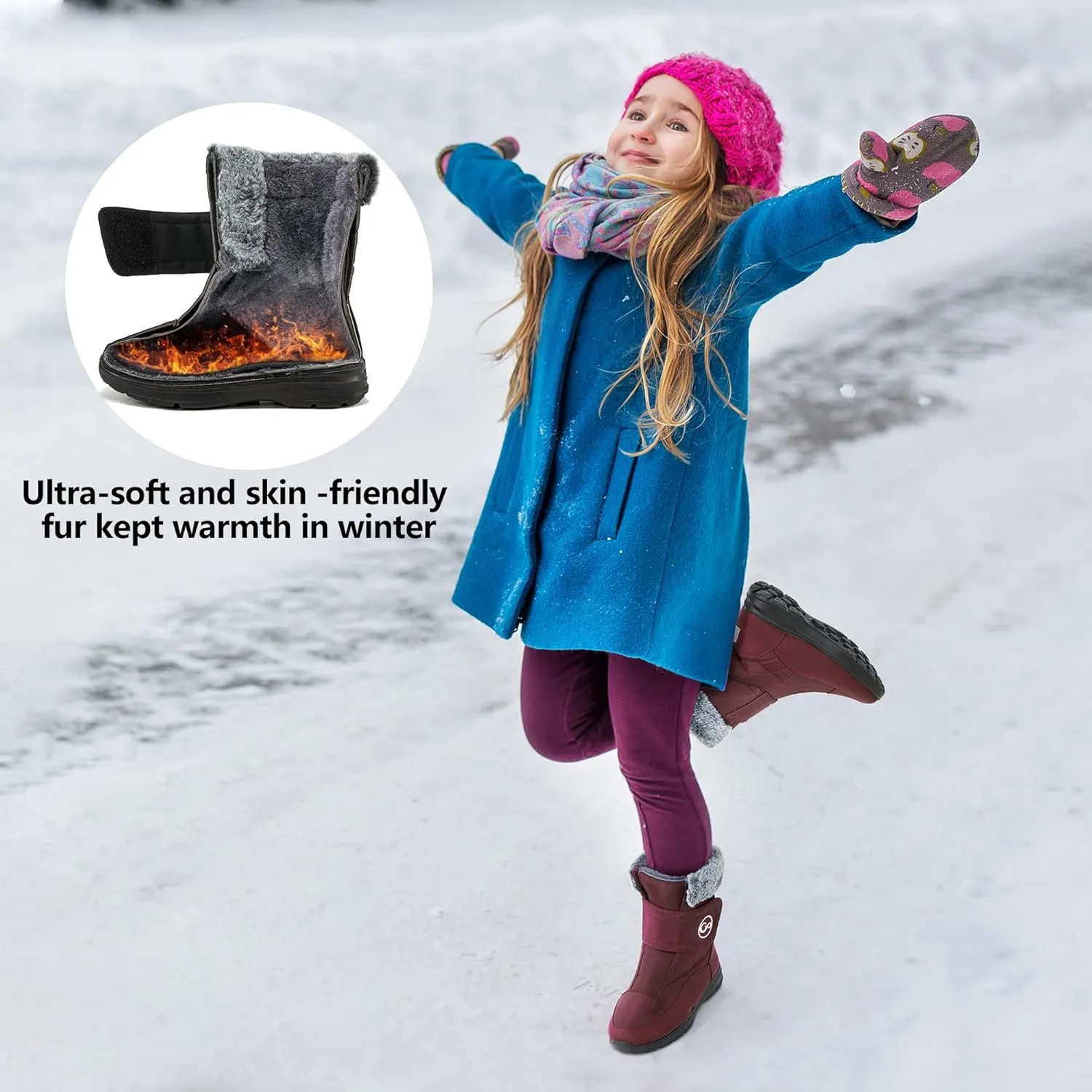 HARENCE Girls Boys Snow Boots: Comfortable Warm Fur Lined Toddler Winter Boot Hook Loop Outdoor Waterproof Slip on Boots for Kids