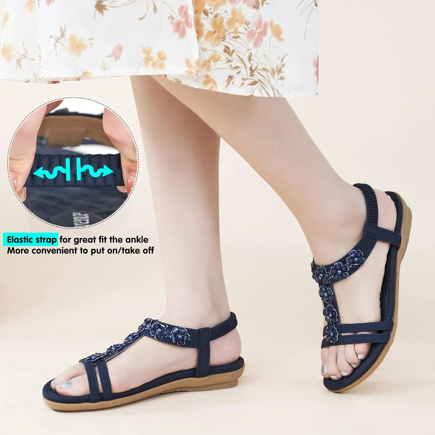 HARENCE Women's Summer Flat Sandals: Comfortable Bohemian Beaded Flats Shoes Elastic Ankle T-Strap Casual Slip on Beach Dress Sandals for Women
