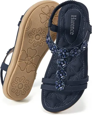 HARENCE Women's Summer Flat Sandals: Comfortable Bohemian Beaded Flats Shoes Elastic Ankle T-Strap Casual Slip on Beach Dress Sandals for Women