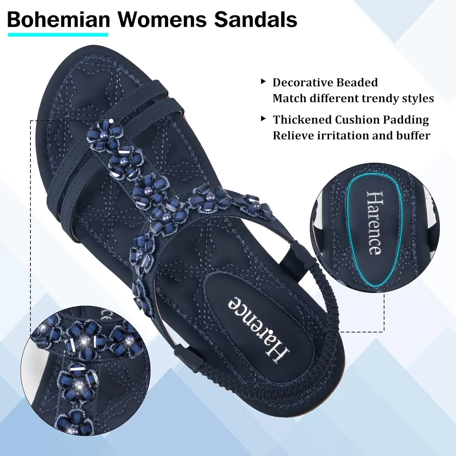 HARENCE Women's Summer Flat Sandals: Comfortable Bohemian Beaded Flats Shoes Elastic Ankle T-Strap Casual Slip on Beach Dress Sandals for Women