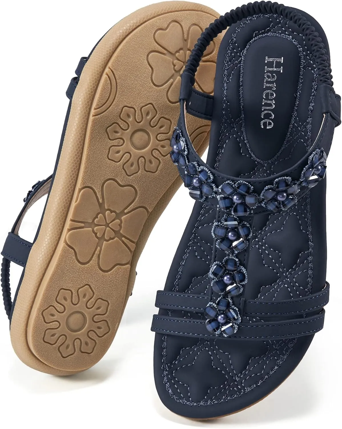 HARENCE Women's Summer Flat Sandals: Comfortable Bohemian Beaded Flats Shoes Elastic Ankle T-Strap Casual Slip on Beach Dress Sandals for Women