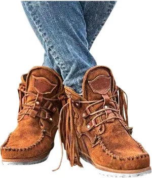 Hbeylia Boho Ankle Booties For Women Ladies With Fringes Ethnic Bohemian Vintage Suede Tassel Lace Up Wide Round Toe Chunky Bottom Heels Low Top Short Boots Retro Beach Slip On Dress Walking Shoes