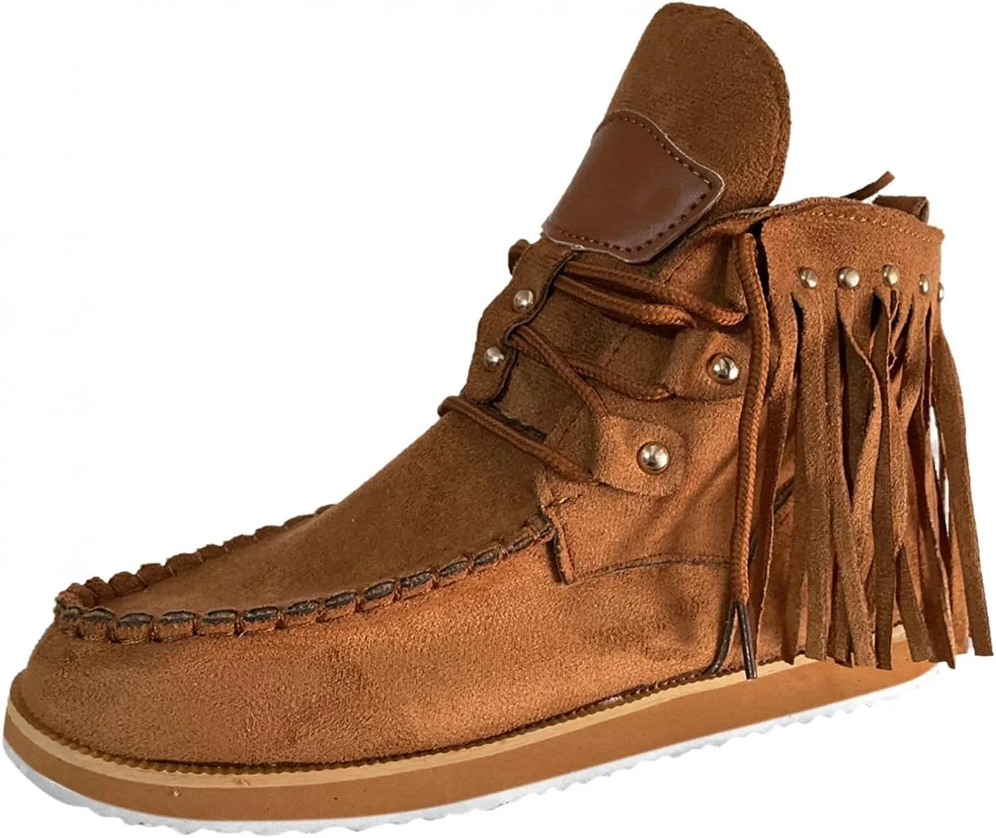 Hbeylia Boho Ankle Booties For Women Ladies With Fringes Ethnic Bohemian Vintage Suede Tassel Lace Up Wide Round Toe Chunky Bottom Heels Low Top Short Boots Retro Beach Slip On Dress Walking Shoes