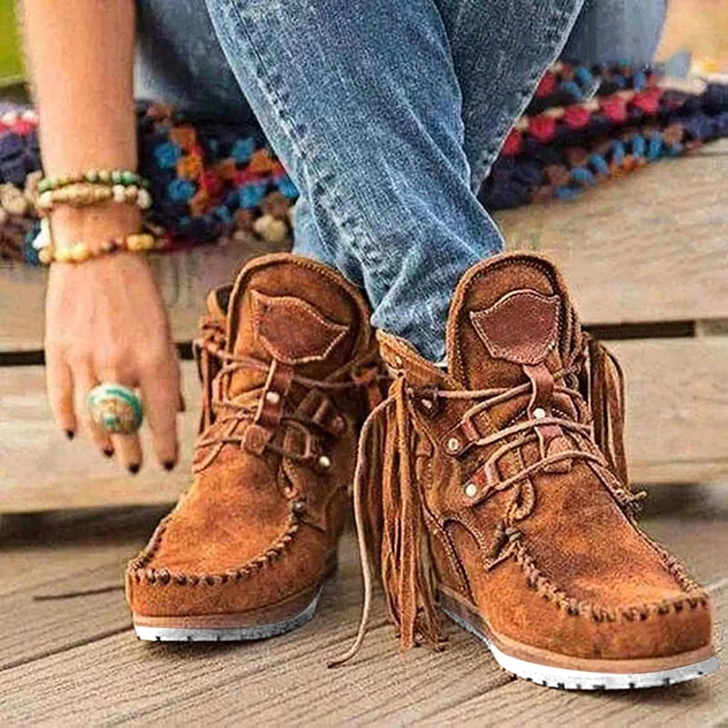 Hbeylia Boho Ankle Booties For Women Ladies With Fringes Ethnic Bohemian Vintage Suede Tassel Lace Up Wide Round Toe Chunky Bottom Heels Low Top Short Boots Retro Beach Slip On Dress Walking Shoes