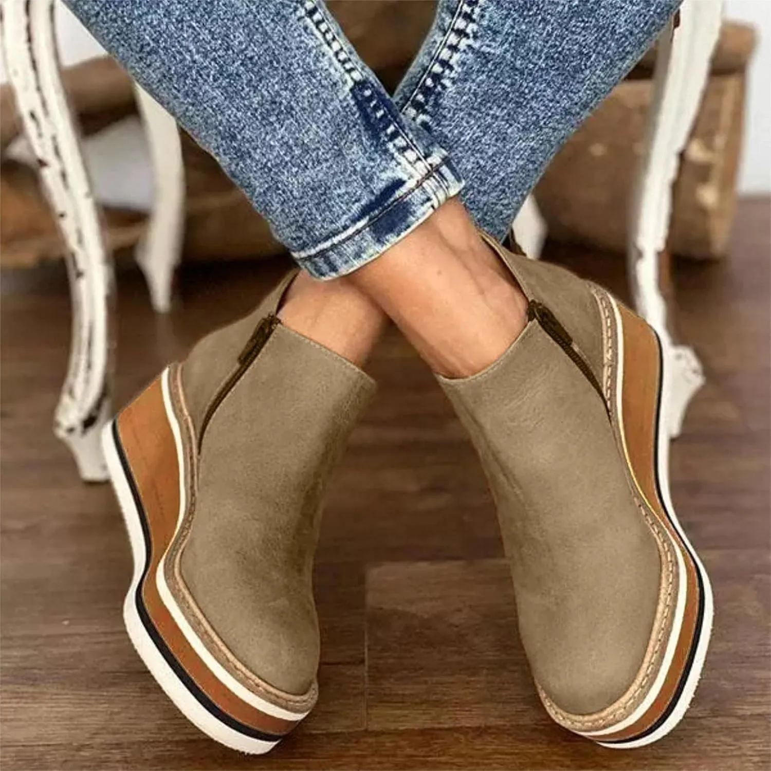Hbeylia Platform Wedge Ankle Booties For Women Ladies Fashion Casual Leather Round Toe Chunky Bottom High Heels Ankle Boots High Top Fashion Sneakers Walking Shoes Winter Fall Dress Short Boots