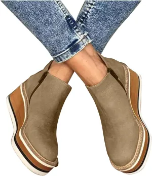 Hbeylia Platform Wedge Ankle Booties For Women Ladies Fashion Casual Leather Round Toe Chunky Bottom High Heels Ankle Boots High Top Fashion Sneakers Walking Shoes Winter Fall Dress Short Boots