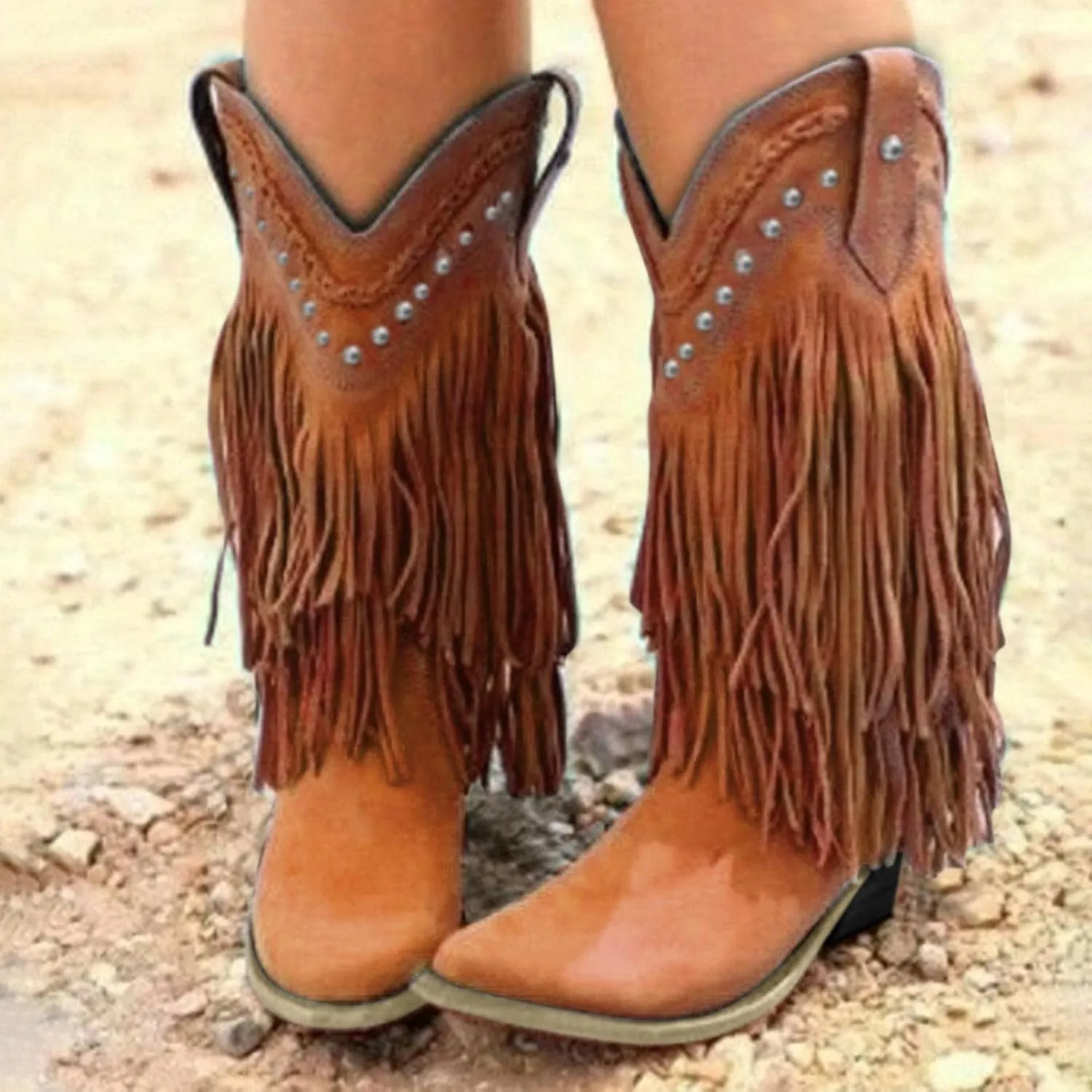 Hbeylia Women'S Cowboy Boots Vintage Tassel Square Toe Mid Heels Western Cowgirls Boots Ethnic Retro Fringe Rivet Slip On Wide Mid Calf Knight Riding Boots Dress Ankle Booties For Women Ladies