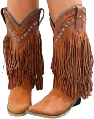 Hbeylia Women'S Cowboy Boots Vintage Tassel Square Toe Mid Heels Western Cowgirls Boots Ethnic Retro Fringe Rivet Slip On Wide Mid Calf Knight Riding Boots Dress Ankle Booties For Women Ladies