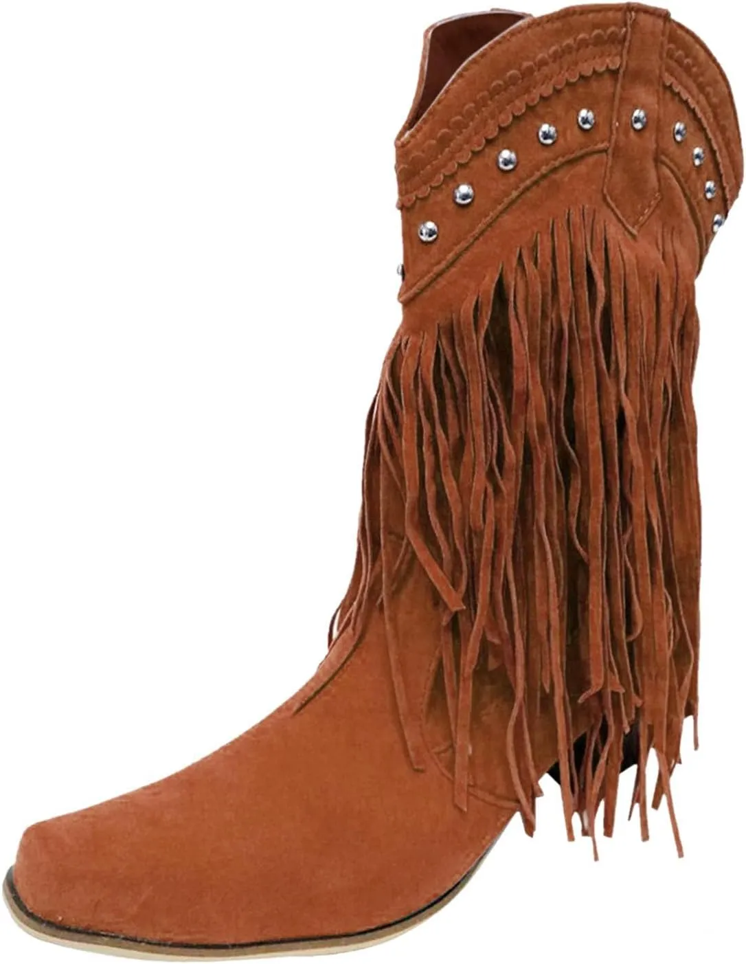 Hbeylia Women'S Cowboy Boots Vintage Tassel Square Toe Mid Heels Western Cowgirls Boots Ethnic Retro Fringe Rivet Slip On Wide Mid Calf Knight Riding Boots Dress Ankle Booties For Women Ladies