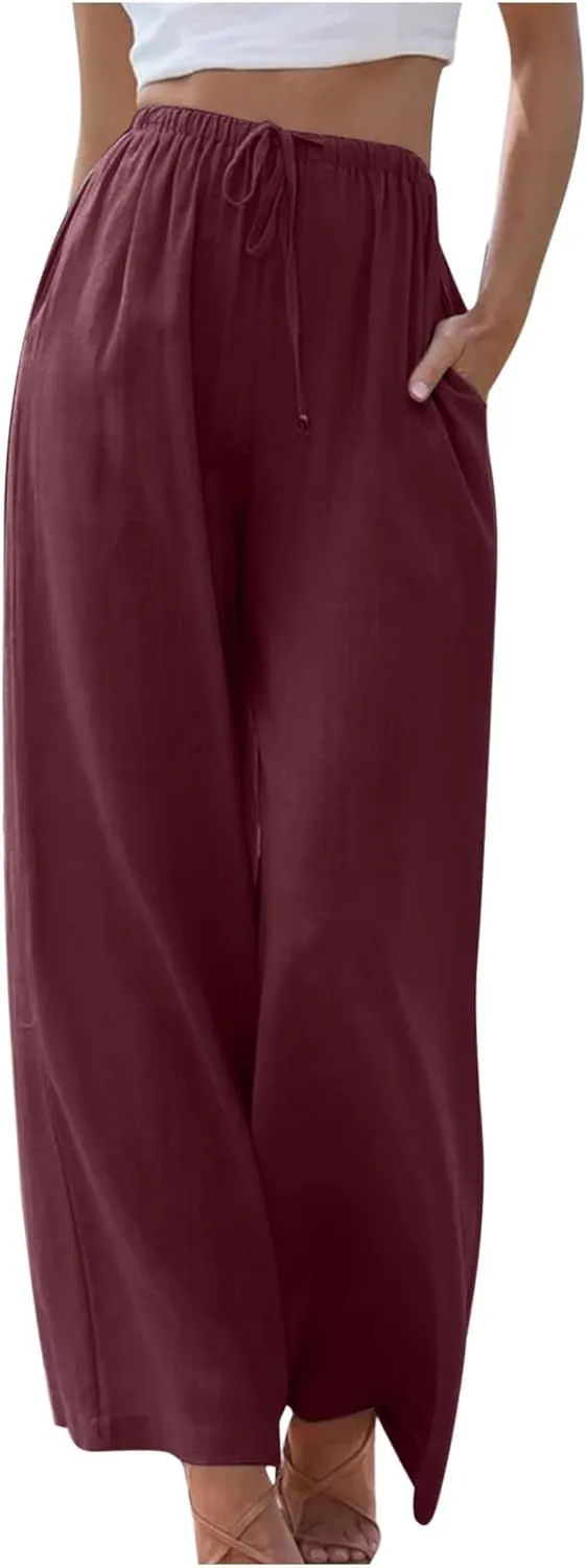 High Waisted Linen Pants for Women Dressy Casual 2025 Drawstring Wide Leg Flowy Pant Summer Beach Trousers
