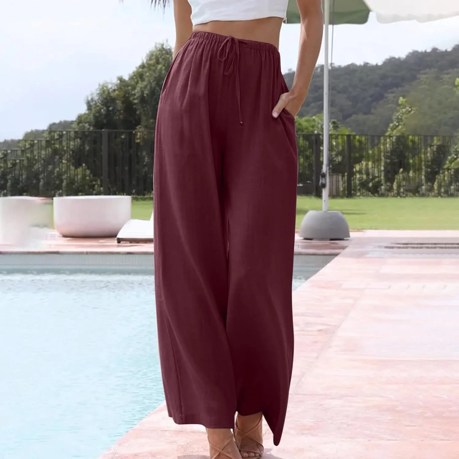 High Waisted Linen Pants for Women Dressy Casual 2025 Drawstring Wide Leg Flowy Pant Summer Beach Trousers