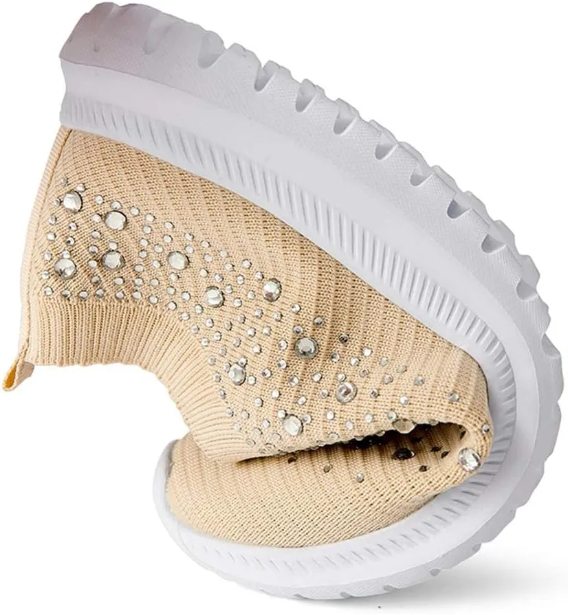 HINDOLA Women's Mesh Walking Shoes Rhinestone Glitter Slip On Ballroom Jazz Latin Dance Sock Sneakers Casual Shoes