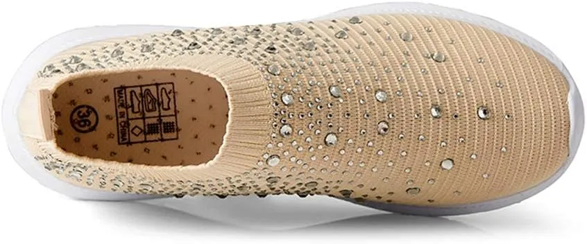 HINDOLA Women's Mesh Walking Shoes Rhinestone Glitter Slip On Ballroom Jazz Latin Dance Sock Sneakers Casual Shoes